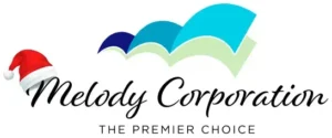 Logo for Melody Corporation with blue and teal waves above the text, a Santa hat on the "M," and the tagline "The Premier Choice"—perfect as a festive header template for your brand.