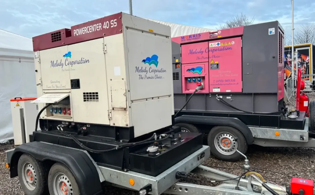 Two large, portable generator hire melody corporation units mounted on trailers at an outdoor location.