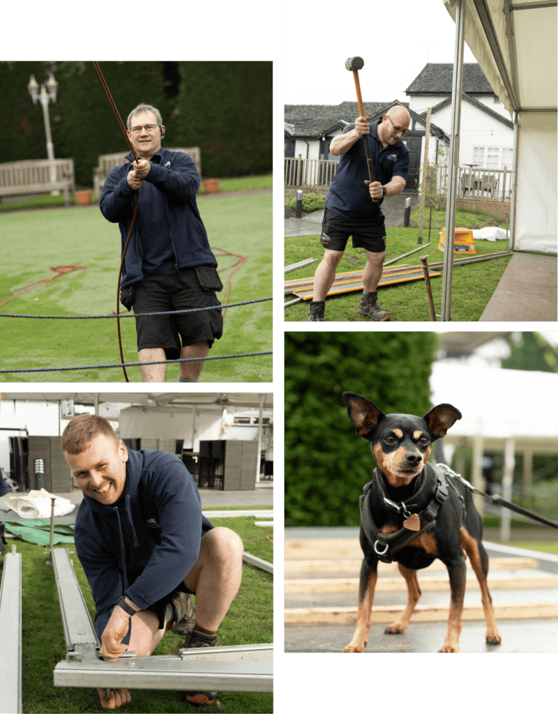 Collage of four images: three men working on a structure for Melody Corporation, and a close-up of a small black and tan dog wearing a harness.